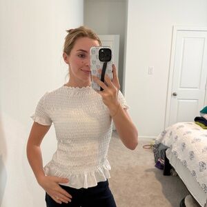 Tahari Small Smocked Ruffle Hem Women's Top - White